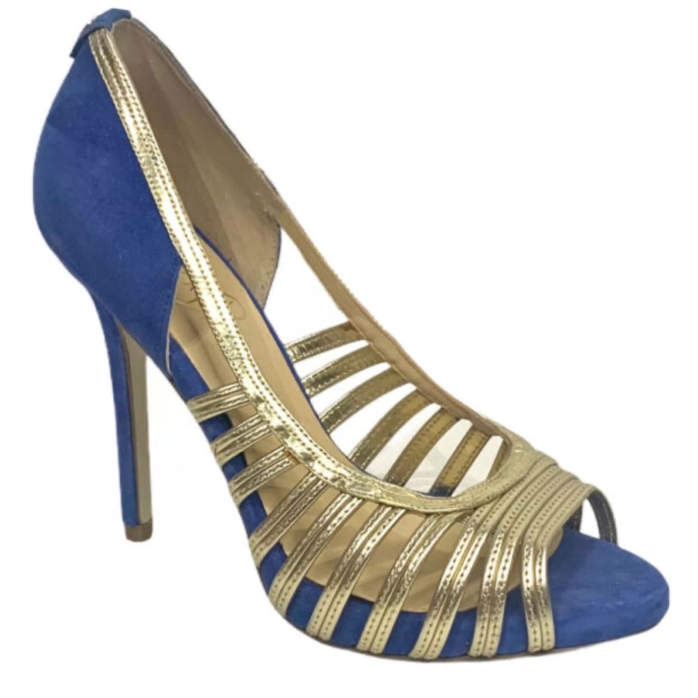 Ivanka Trump - Peep Toe CLAUDINE Strap Pump Heels Gold/Blue Suede 7.5M